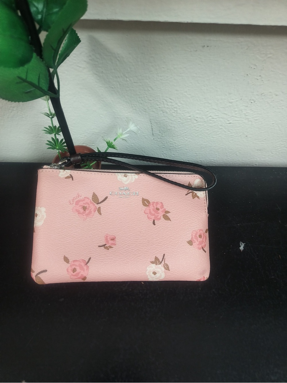 Coach Pink Floral Wristlet Pouch with Black Strap